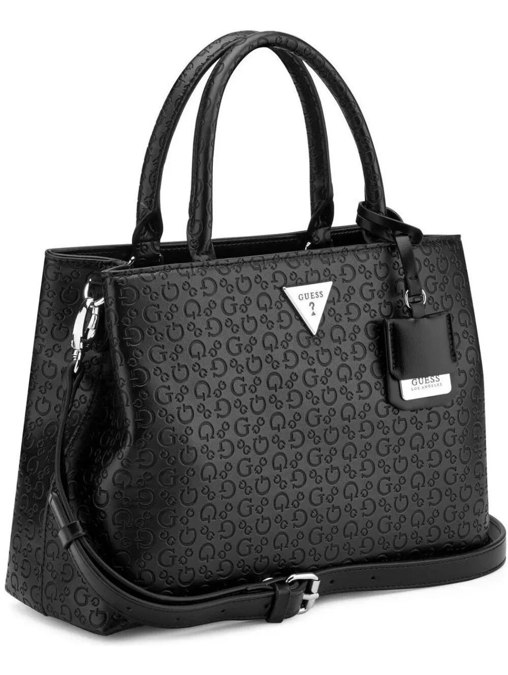 GUESS Black Embossed Logo Satchel with Detachable Strap